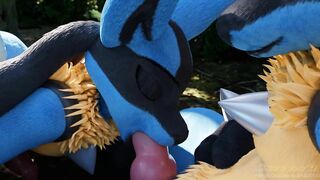 Two Lucarios together get blowjob in forest