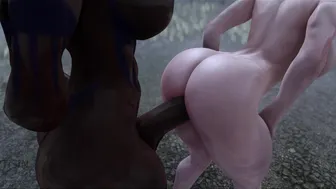 Redhead Curvy Babe and Dark Futanari Fuck in the Rain