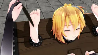 Captured girl is forced into a wooden pillory contraption and tickled 【くすぐり tickle 】