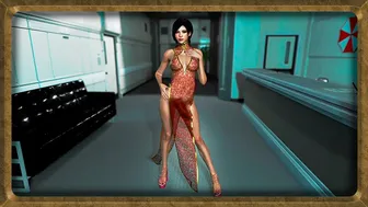 Gorgeous Ada Wong in a transparent dress dances in the Umbrella office