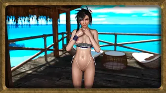 Skinny wet Tifa Lockhart in lowered bikini casually dancing on the beach
