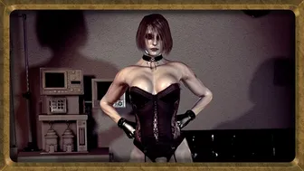 Corrupted shemale Ashley Graham flexing her muscles in black lace corset