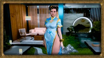 Thick enticing Chun Li poses solo in a revealing dress without panties