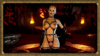 Gothic dominant Pinhead female in BDSM costume dancing solo in dungeon