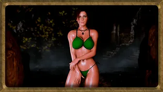Oiled milf Lara Croft solo sexy dancing in a revealing bikini in forest