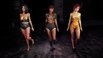 Toned babes Lune, Sciel and Maelle synchronously dancing in the dungeon
